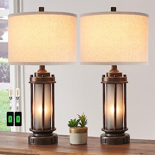 Farmhouse Table Lamps Set of 2 with USB C + A Ports - Bronze Finish
