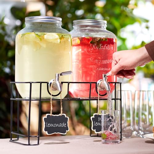 Clear Glass Drink Dispenser with Stand - 1 Gallon, Steel Spigot, 2-Pack