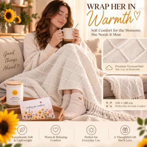 Sunflower Gift Basket for Women - Self Care Set with Blanket, Socks & Mug