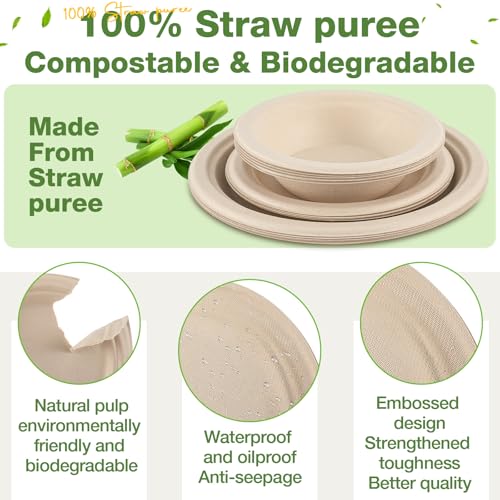 Disposable Compostable Paper Plates and Bowls Set - 7 in, 9 in, 12 oz - 150 Pack