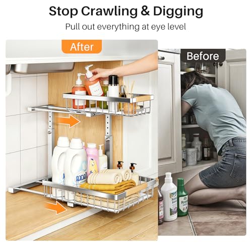 PXRACK Large Silver Under Sink Organizer 2-Tier Adjustable Pull-Out Cabinet Storage