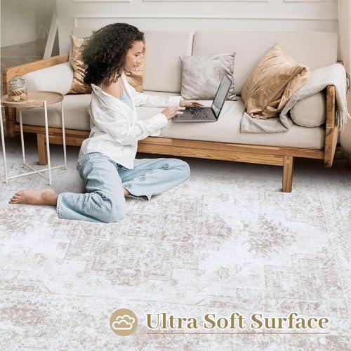 6x9 Beige Vintage Distressed Area Rug - Machine Washable Non-Slip Living Room Carpet