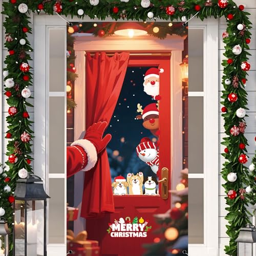 Christmas Snowman & Dog Door Cover - Red Holiday Porch Sign 71x35in