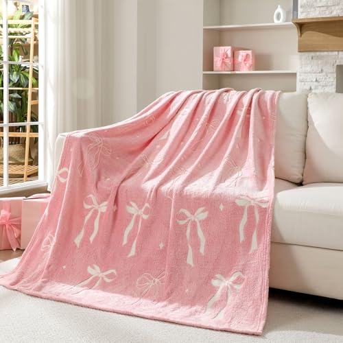 Pink Bow Blanket for Girls 50 x 60 Inch Glow in The Dark Throw Blanket Cute Bow Theme Flannel Plush Preppy Coquette Gifts Dorm Essentials for Christmas Thanksgiving Gift Decoration