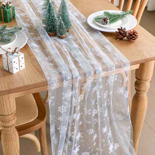 Breling Blue Snowflake Christmas Tulle Table Runner 118'' x 29.5'' Christmas Gauze Table Runner Seasonal Sheer Xmas Winter Holiday Decor for Birthday Festival Party Kitchen Wedding Bridal Shower
