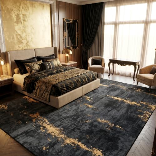 Black/Gold 8x10 Washable Area Rug Non-Slip Modern Abstract Living Room