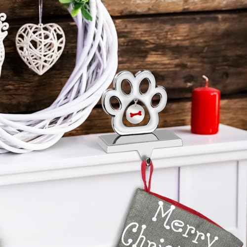 Hooqict Dog Paw Christmas Stocking Holder with Bone Pendant for Mantel 3D Silver Metal Mantel Stocking Holder Christmas Stocking Hanger for Christmas Fireplace Table Decorations