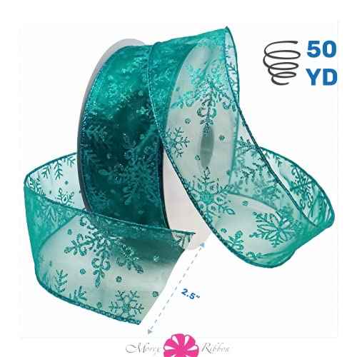 Morex Ribbon Snowflake Wired Sheer Glitter Ribbon, 2-1/2-Inch by 50-Yard Spool, Turquoise