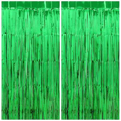 Football Party Decorations Green Streamers - Thicken 2 Pack 3.2 x 8.2 FT - Tinsel Foil Fringe Curtains Party Backdrop for Birthday, Dinosaur, Christmas, Jungle, Golf Party Decorations