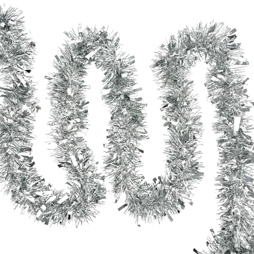 33FT Silver Christmas Tinsel Garland Decorations, Shiny Thick Rope