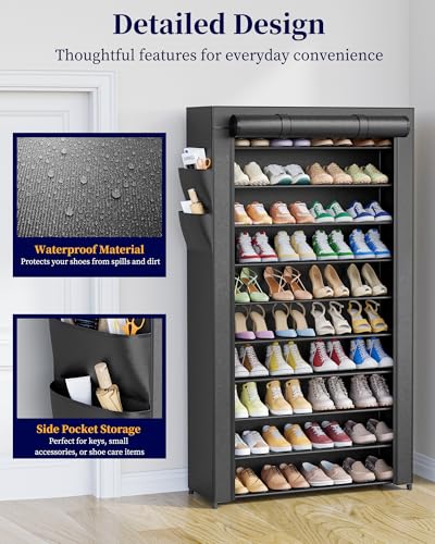 Tall 10-Tier Shoe Rack with Cover - 33 Inch Wide, Removable Shelves, Black Variation of THIS listing