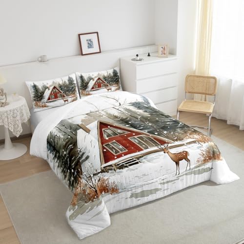 Manfei Cute Deer Bedding Set Queen – Green Red 3pc Comforter Set with Pillowcases, Kids Room Quilt