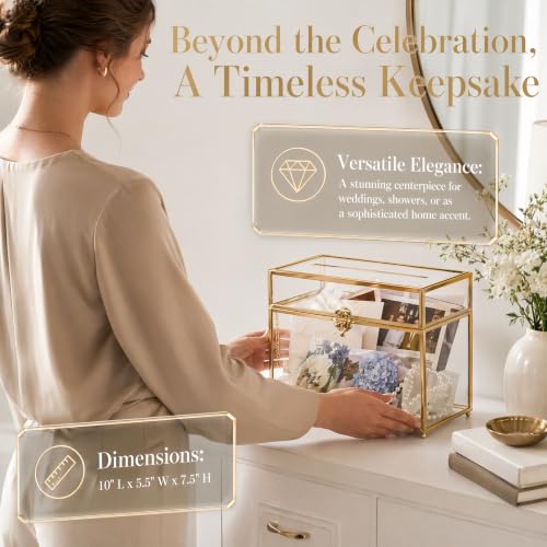 Glass Wedding Card Box with Lock and Gold Rim - Vintage Clear Gift Holder