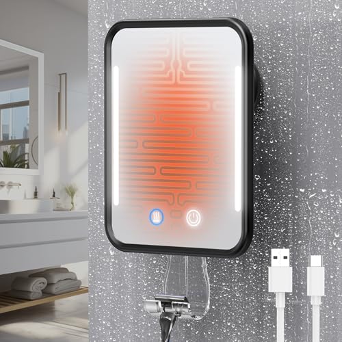 Gospire Black Heated Fogless Shower Mirror with Light, 6.3x7.9 inches, Rechargeable & Rotatable for Shaving