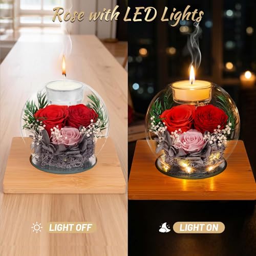 ENERLEAF Colorful Preserved Real Rose in Glass with Scented Candles – Forever Flower Gift
