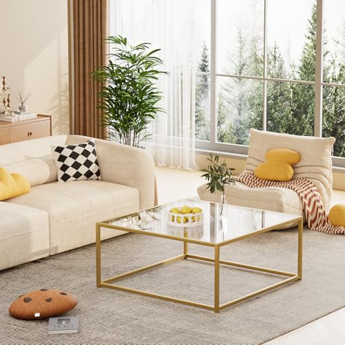 Gold 1-Tier Square Glass Coffee Table - Small Modern Living Room Center Table