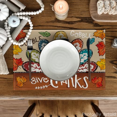 Artoid Mode Turkey Give Thanks Thanksgiving Placemats 12x18 in - Set of 4 Brown