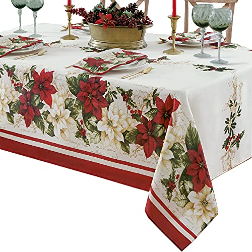 Newbridge 84x60 Inch Christmas Poinsettia & Floral Border Rectangular Fabric Tablecloth