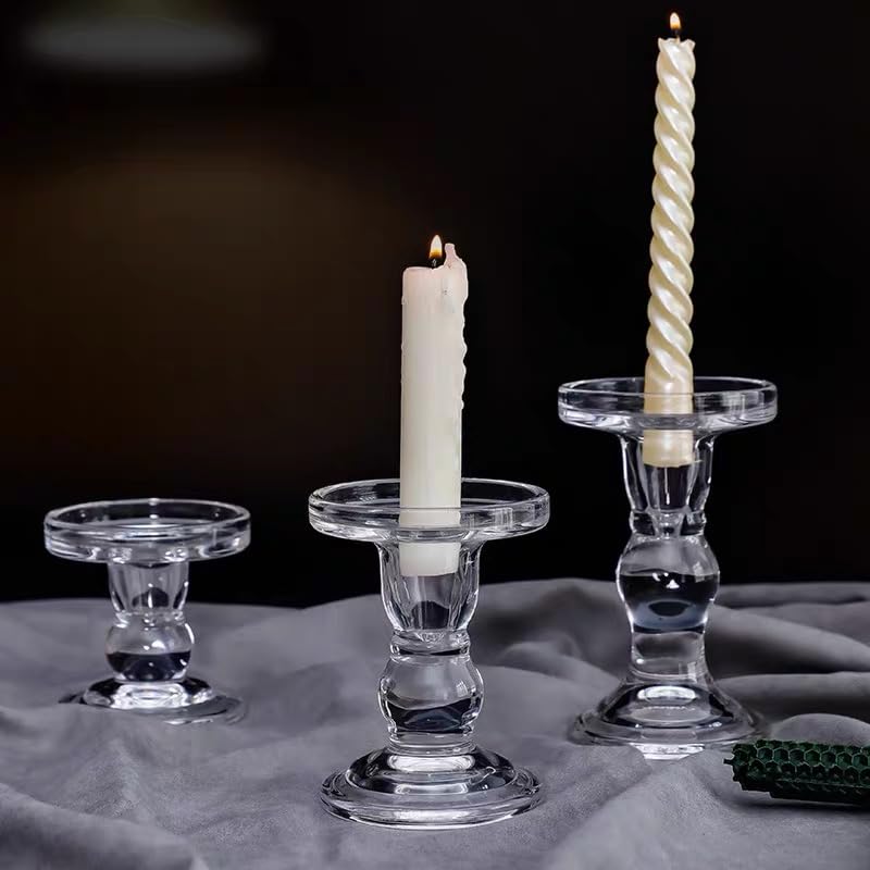 12 Pcs Clear Glass Candle Holders Set of 3 Heights - Pillar & Tealight Candlestick Holders