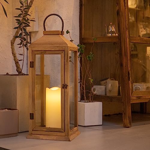 Bdor 27.5 Inch Outdoor Wooden Lantern with LED Candle & Timer - Porch & Patio Decor