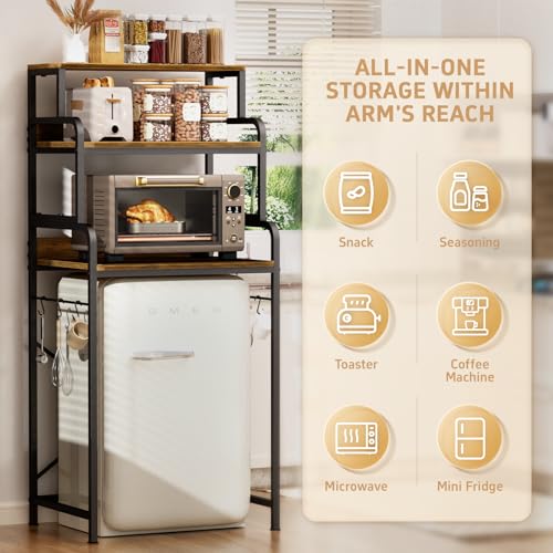 MILEFA Rustic Brown 4-Tier Mini Fridge & Microwave Stand with Side Hooks