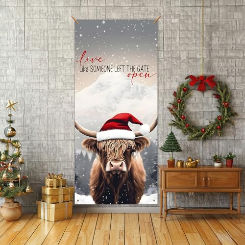 E-Christmas Cow Door Cover - Funny Highland Cow Holiday Door Banner for Indoor Outdoor Decor