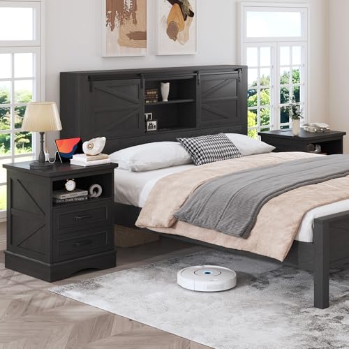 Fluest 24-Inch Farmhouse Nightstand with Fast Charging Station, Rustic Black