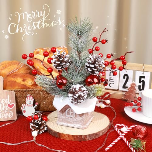 KPX Cabin-Snow Mini Christmas Tree with Ornaments - Tabletop Artificial Holiday Decor