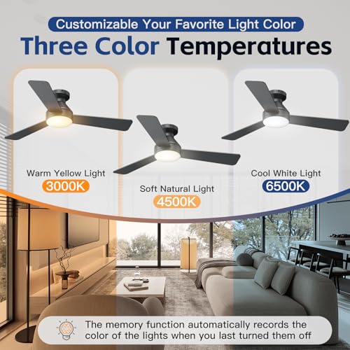 42 Inch Ceiling Fan with Lights and Remote - Black, 3 CCT, 6 Speed, Flush Mount