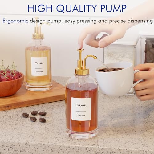 Gold 4-Pack Coffee Syrup Dispenser Set - 16.9oz Glass Bottles with Pumps & Labels