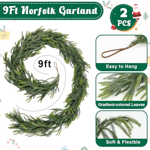 2-Pack 9Ft Christmas Norfolk Pine Garlands - Realistic Faux Greenery Decor