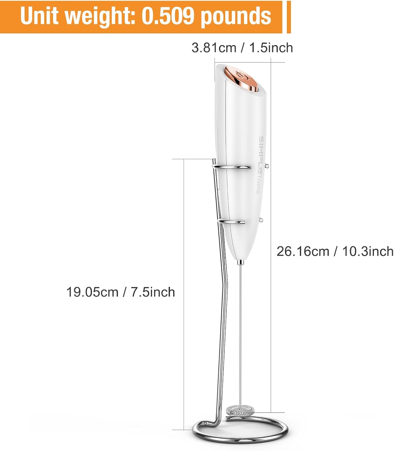 SIMPLETASTE Milk Frother - Handheld Electric Foam Maker for Cappuccino & Latte - White with Stand
