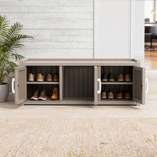Grey 3-Door Waterproof Resin Shoe Bench with Adjustable Shelves - Indoor & Outdoor Use