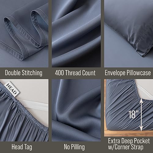 Bella Coterie Bamboo Viscose Twin XL Bed Sheets - Slate Blue, 400 Thread Count