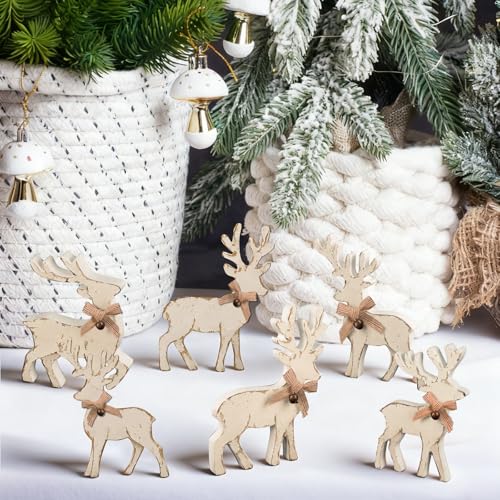6-Piece Christmas Wooden Reindeer Centerpieces Set with Bowknots – Mantel Tabletop Decor