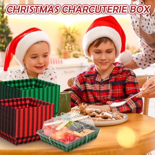 Christmas Charcuterie Boxes 100 Pack with Lids, Forks & Knives – Red/Green Checkered Paper Gift Boxes