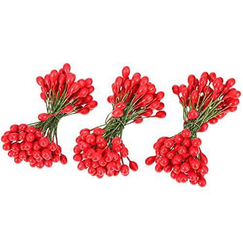 BBTO 300 Pcs Artificial Holly Christmas Fake Berries on 150 Wire Stems Berries Branches Stems Decor for Christmas Tree Decoration Wreath DIY Crafts Use Wedding Home Xmas Party Favor(Red)