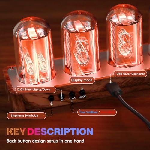 ClocTeck Nixie Tube Clock with Wi-Fi, Alarm, Timer, 12/24H Display, No Assembly Needed (Wood Grain)