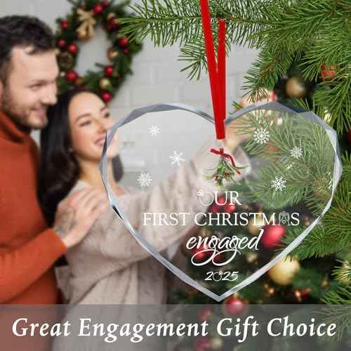 Thyle Engagement Gifts for Couples 2025 Heart Shaped Mistletoe Pattern Crystal Just Married Ornaments First Christmas Engaged Ornament for Newly Engaged Couples and Fiance Gifts for Women