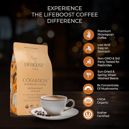 Lifeboost Organic Medium Roast Cognition Mushroom Ground Coffee 12oz with Lion's Mane & Chaga