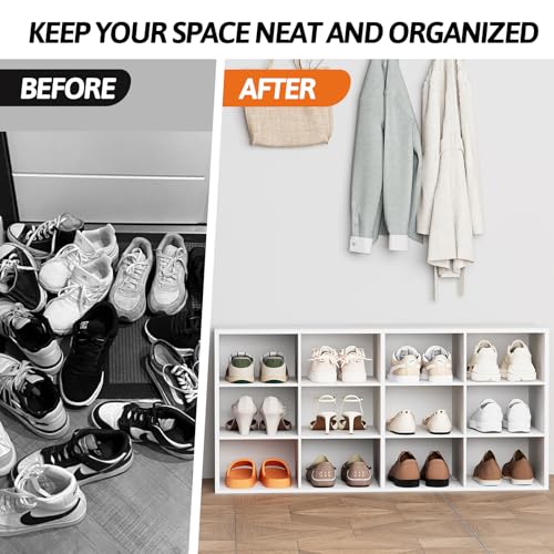 Aenuert 12-Cubby Shoe Rack, 3-Tier Wood Organizer, Multifunctional