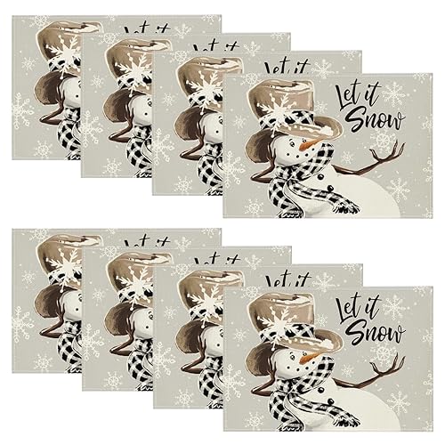 Artoid Mode Winter Snowman & Snowflake Placemats Set of 8, 12x18 Inch Christmas Table Decor