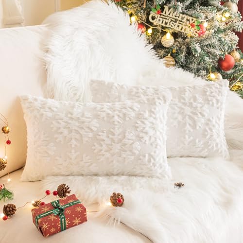 AQOTHES Set of 2 Christmas Snowflake White Throw Pillow Covers 20x12 Inches