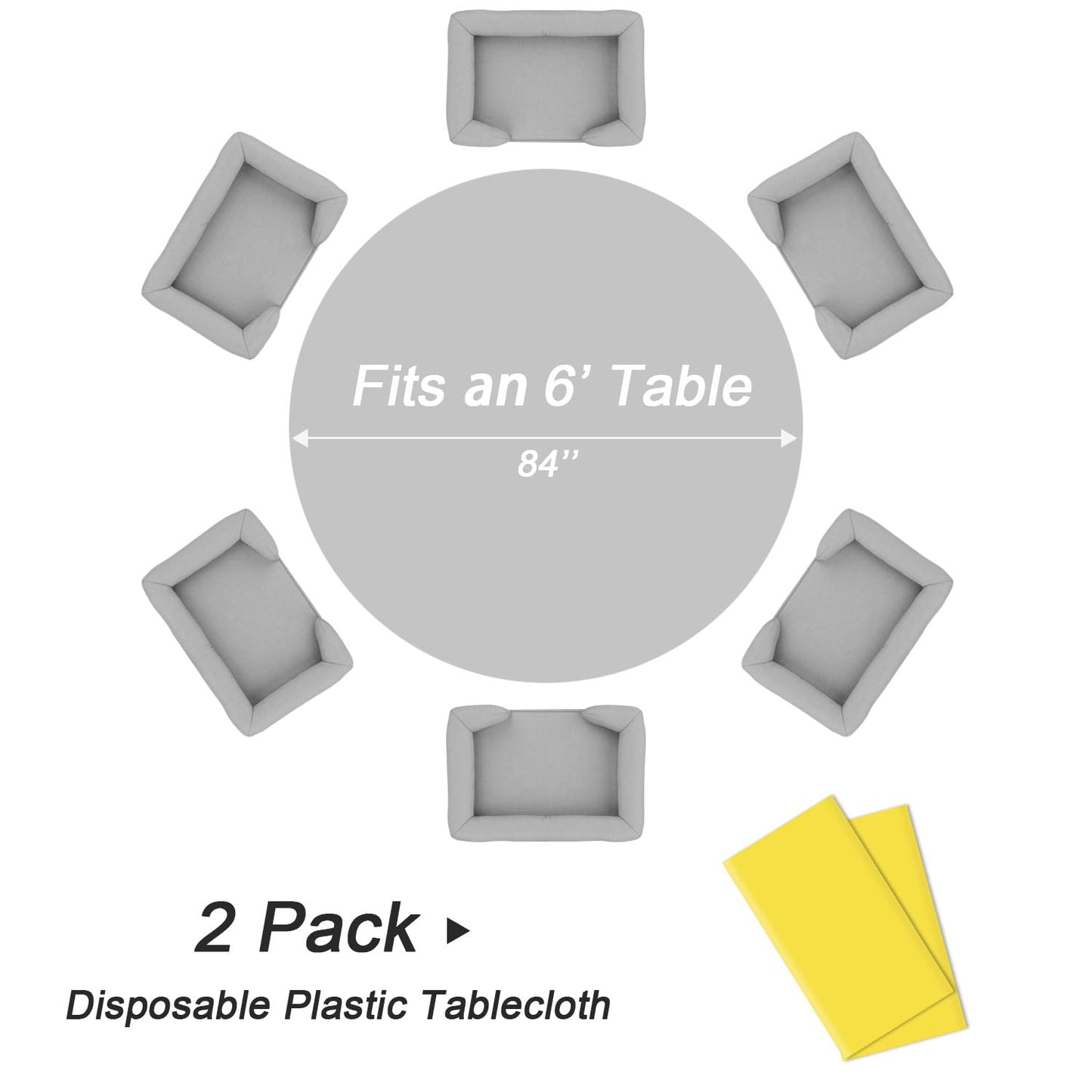 QIKSION Yellow Round Tablecloth 2 Pack, 84 Inch Plastic Table Cover Disposable for Parties