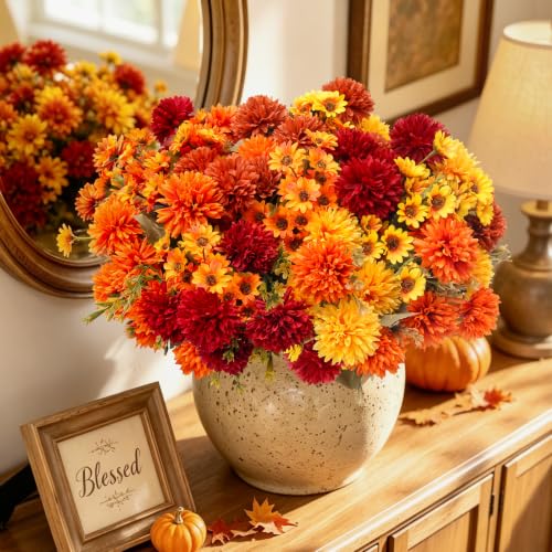 A-16pcs Fake Mums Artificial Fall Flowers for Outdoors Planters Decor - Flortevera