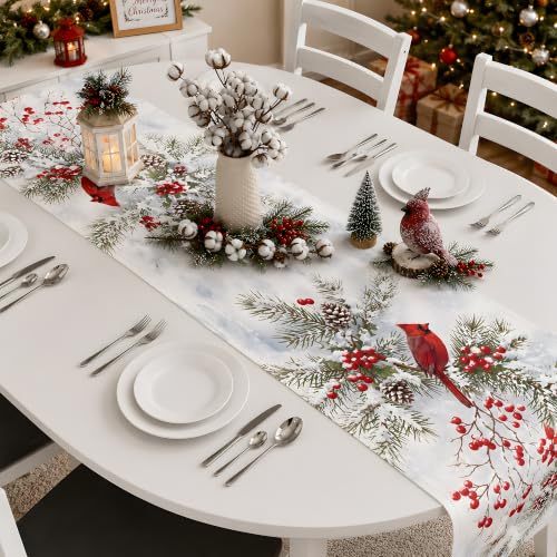 Christmas Decorations - Red Cardinal Bird Winter Pine Branches Table Runner (OHOME) Christmas Cardinal Bird