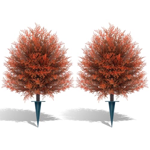 Grooy Fall Cedar Topiary Trees 2 Pack - 24 Inch Artificial Seasonal Trees with Ground Spikes