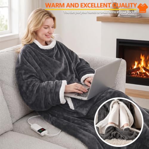 Wearable Heated Blanket with Sleeves & Foot Pockets - Dark Gray, 72"×52"