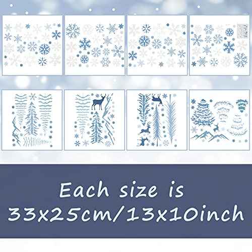 Teling 8 Pieces Winter Snowflake Wall Decals Stickers Dreamy Nursery Forest Woodland Trees Deer Pine Tree Wall Decals for Kids Room Winter Decor(Blue, White, Gray)