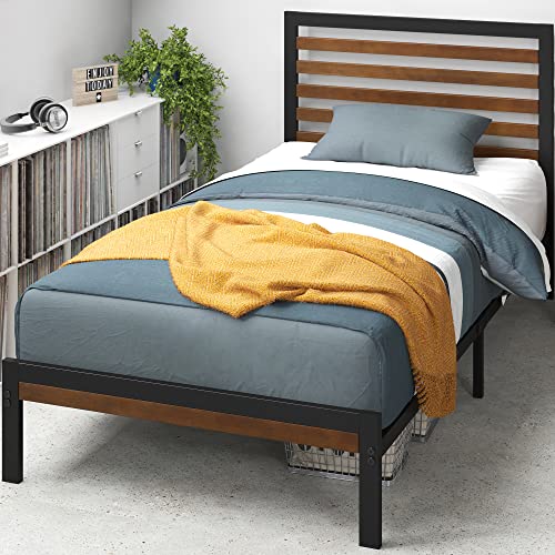 Black Twin Zinus Kai Bamboo & Metal Platform Bed Frame with Slats and Headboard